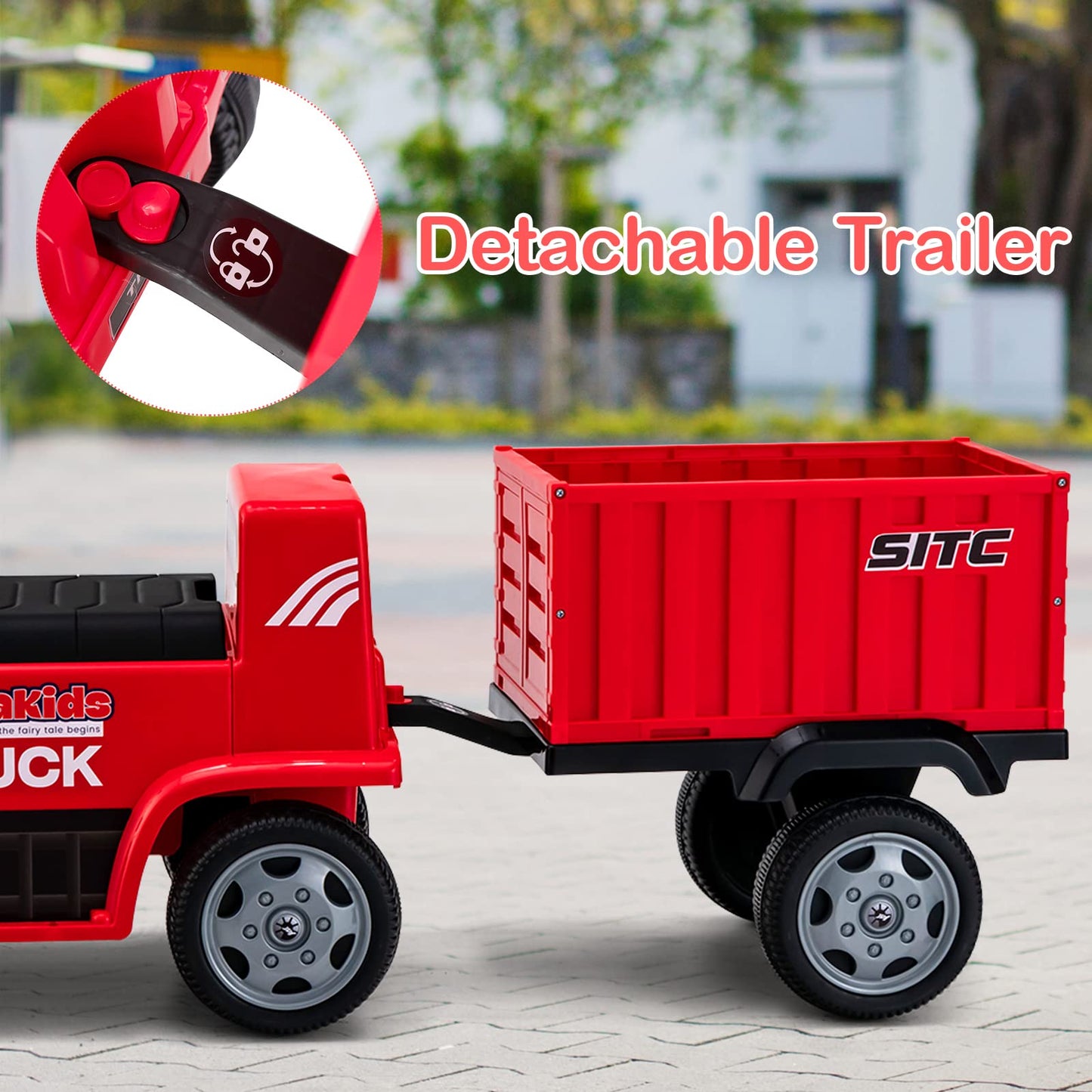 Olakids Kids Ride On Push Car, 2 In 1 Foot-To-Floor Sliding Truck With Detachable Trailer, Steering Wheel, Headlights, Music, Alarm Sound, Toy Walker Gift For Toddlers Age 1.5-3 Boys Girls (Red)