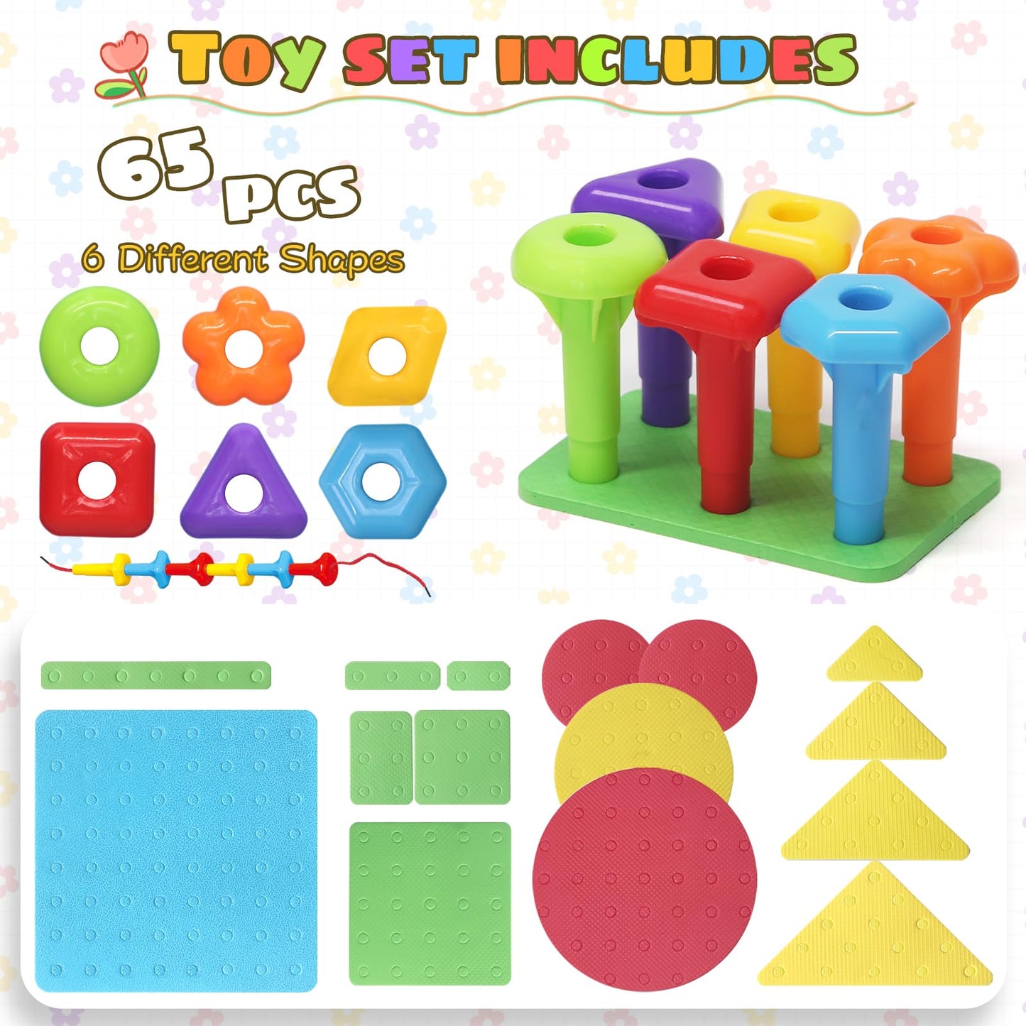 Peg Board Toy Set 65Pcs Diy Building Stacking Toys For Kids 3-6 Years Old,Stem Educational Kids Toys For Brain Development,Monte