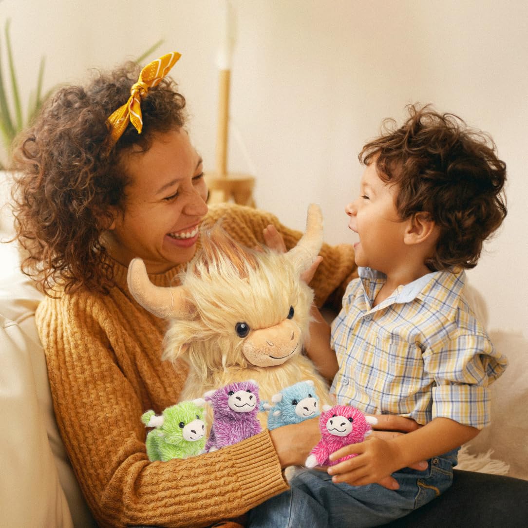 Valentines Day Stuffed Animals Plush Highland Cow Gifts For Kids - 5 Pcs Highland Cow Stuffed Animals With Babies Set, 14'' Momm