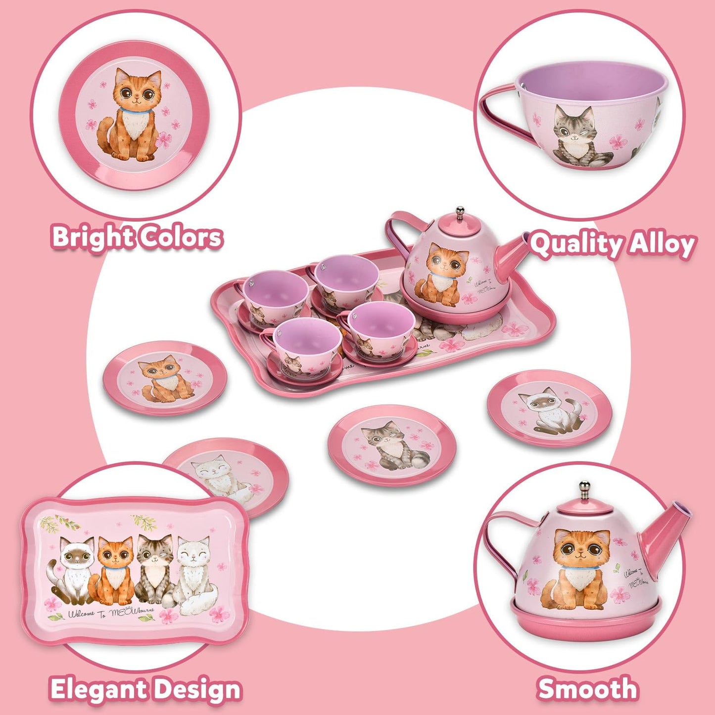 Lajeje Cat Tea Party Set for Girls - Pretend Play Toy with Kitten Tin Tea Set, Desserts & Carrying Case, Ideal Birthday Gift for Ages 3-6
