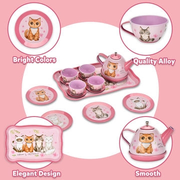 Lajeje Cat Tea Party Set for Little Girls - 19pcs Pretend Play Toy, Birthday Gift for Toddlers Ages 3 4 5 6 Year Old, Includes K