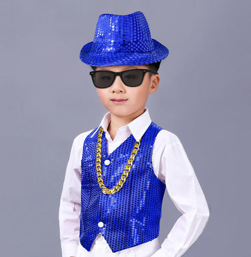 Kids Dance Hip Hop Jazz Costume Boys Sequin Vest Hat Sunglasses Set For Dance Party 3-4T Blue