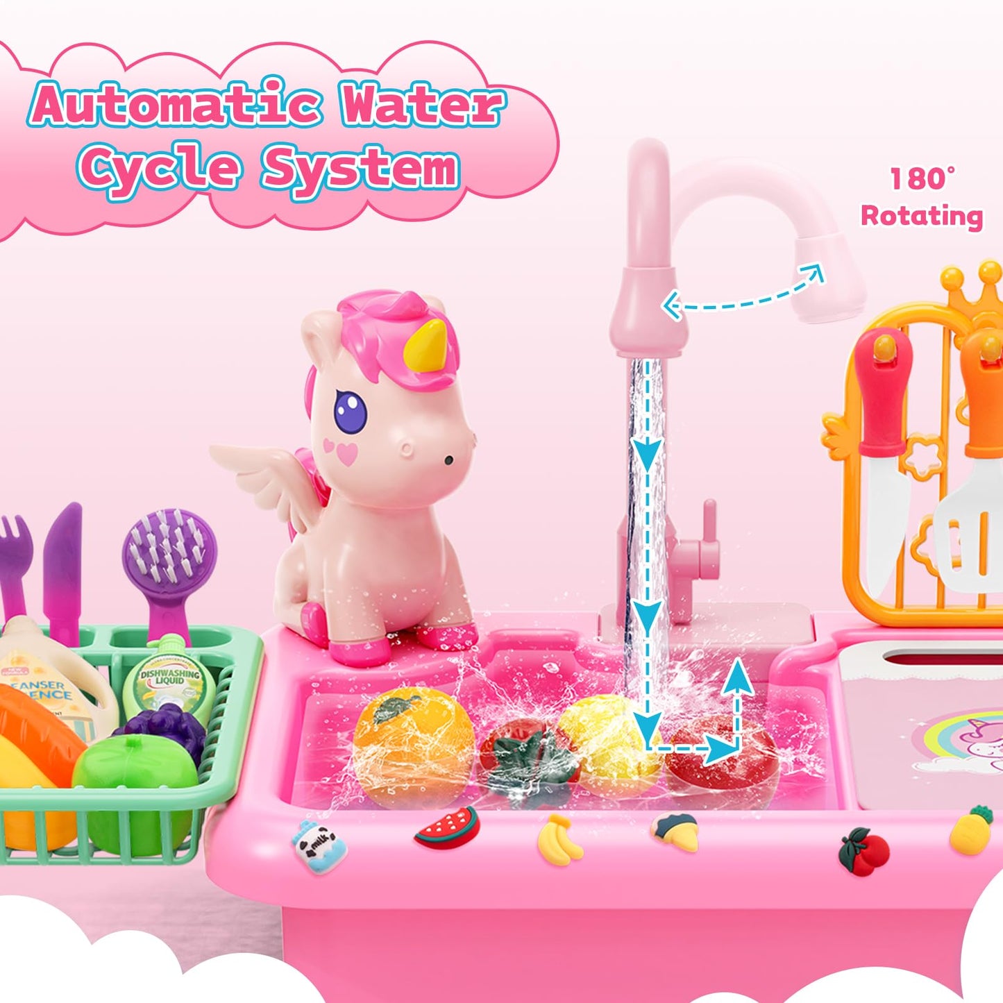 deAO Play Sink with Running Water, Kitchen Sink Toys with Water Spray Toy, Color Changing Dishes, Upgraded Rear Faucet, Play Kit