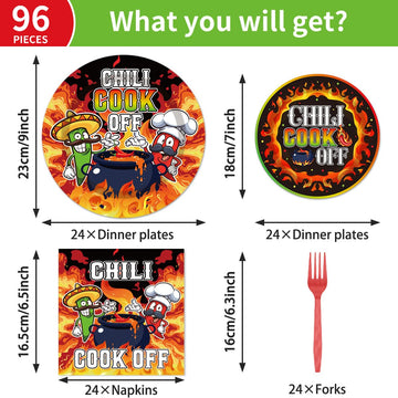 EUOYUFO 96Pcs Chili Cook Off Decorations Disposable Tableware Set - Chill Cook Off Paper Plates Napkins Forks Chili Contest Tast