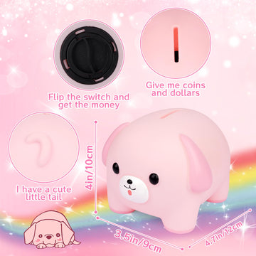 NIGOWAYS Piggy Bank for Girls,Unbreakable Plastic Puppy Money Bank with DIY-Stickers and Rhinestone Bow Tie,Cute Coin Bank for K