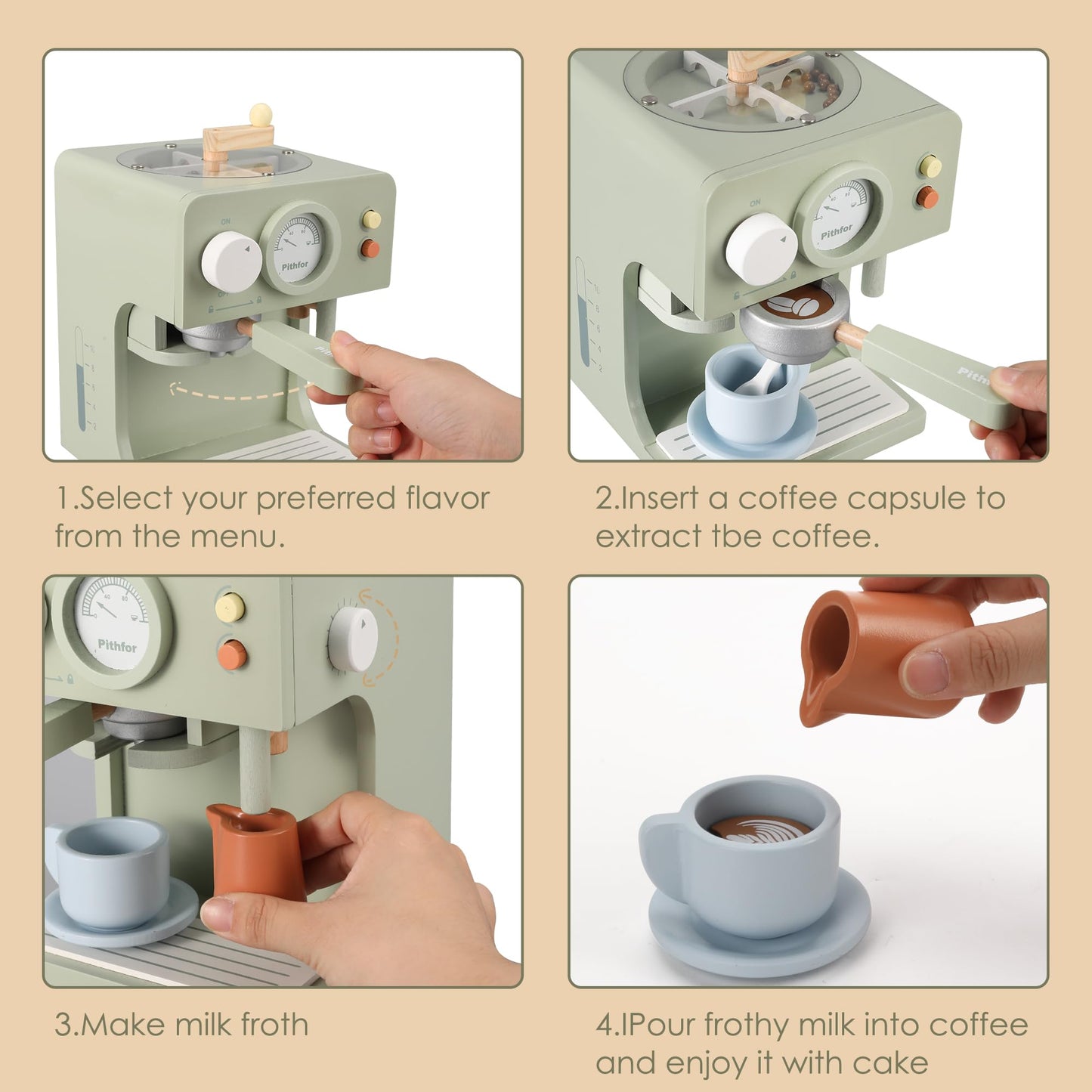 Pithfor Kids Wooden Coffee Maker Toy with Grinder, Pretend Play Kitchen Appliances & Accessories Toy Gift for Kids Toddlers Boys