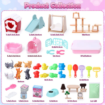 Lorfancy Cat Sandbox Toys Kids Play Sand Kit Toddler Sensory Bin Toy 2.2Lbs Sand Pet Cat Figures Care Role Pretend Play Beach To