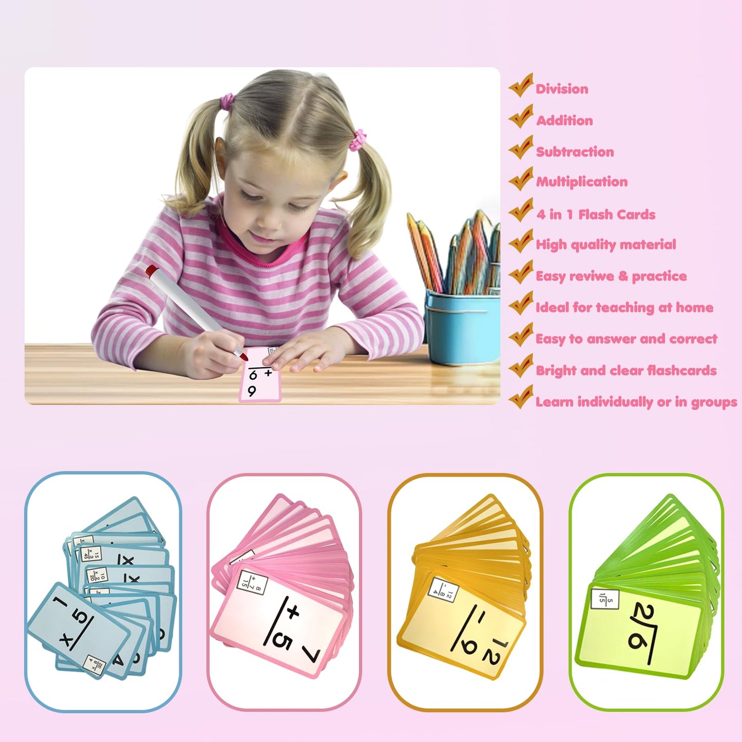 4 Packs Of 144 Pcs Multi Math Flash Cards, Math Manipulatives Addition Subtraction Multiplication Division Flashcards With 2 Dry