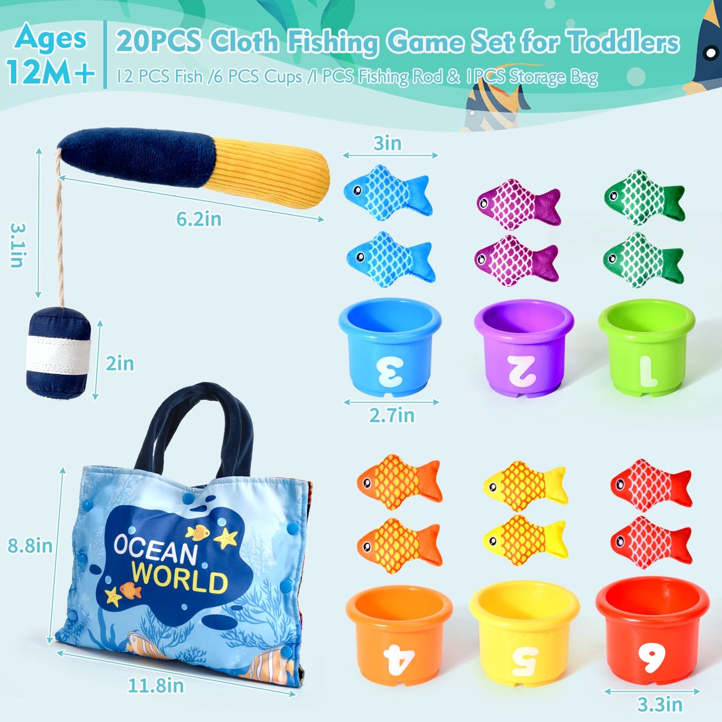 Bahiaklo Montessori Toys For 1 Year Old Boy Girl Gifts, Cloth Fishing Game For Toddler 1-3, Sorting Learning Baby Toys 6-12-18 Months, One Year Old Girl Boy Birthday Gifts, Easter Basket Stuffers