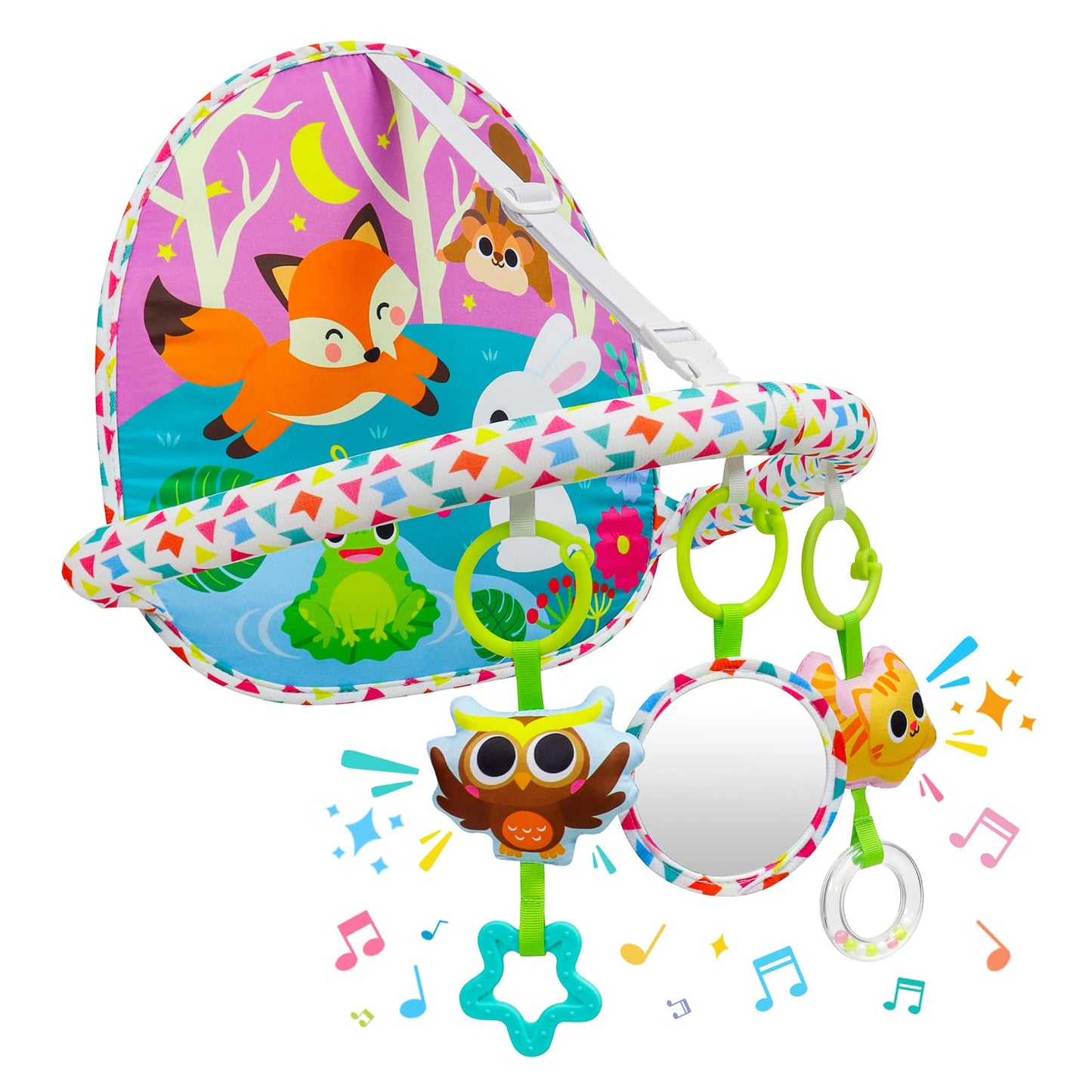 Okooko Car Seat Toy Rear Facing Car Seat Toy Baby Travel Toy Double-Sided With Baby Mirror Plush Toys Rattle Teether Thickened Pad Adjustable Sensory Toy For Newborn Baby Infant