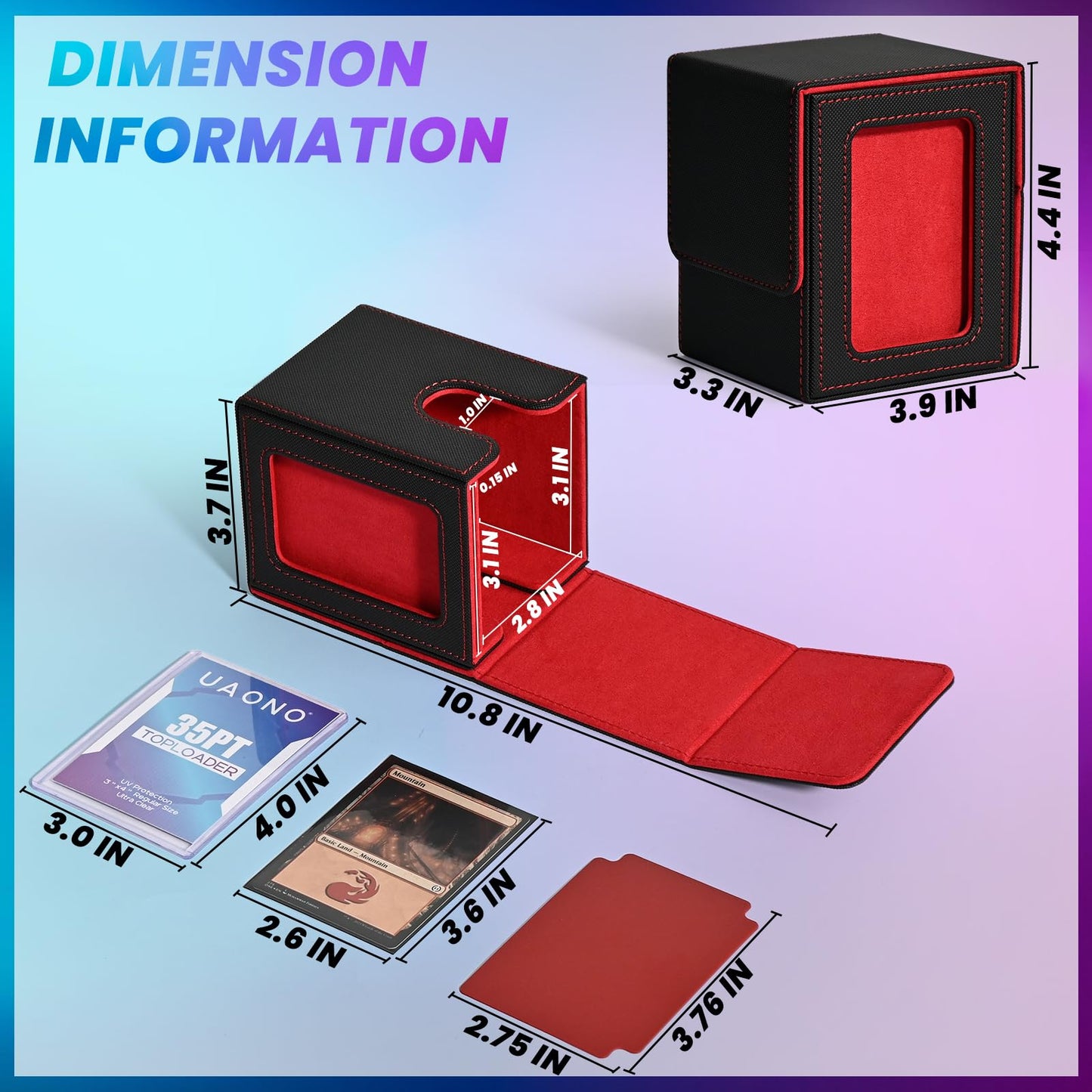 Uaono Card Deck Box With Mtg Commander Display, Deck Case Holds 100+ Double-Sleeved Cards, Trading Card Storage Box Fits Tcg/Ptcg/Sports Card With 2 Dividers, 1 Toploader (Black, Red)