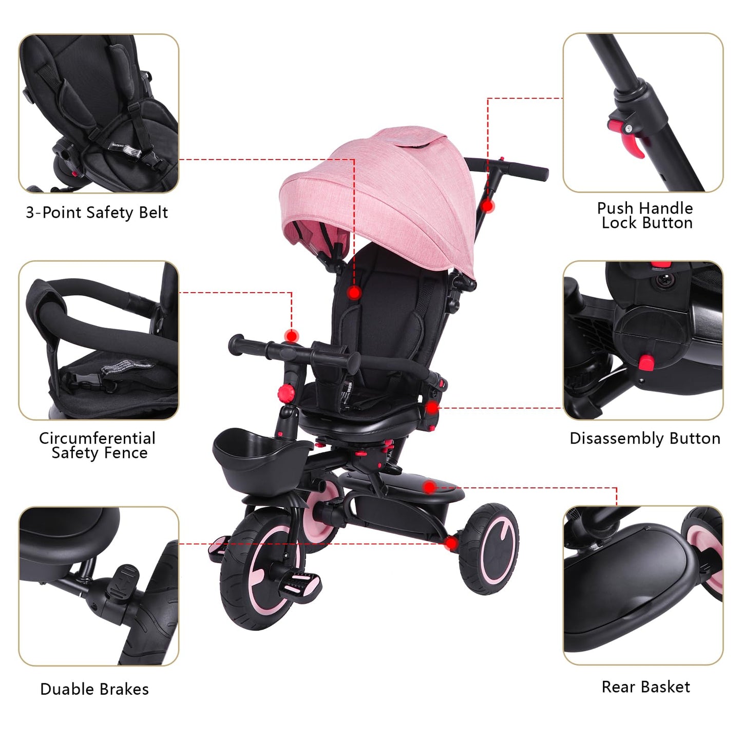 Toddler Tricycle with Push Handle for 7 Months-5 Years, Baby Tricycle with Rotatable Seat, 8 In 1 Kids Trike with Safety Harness