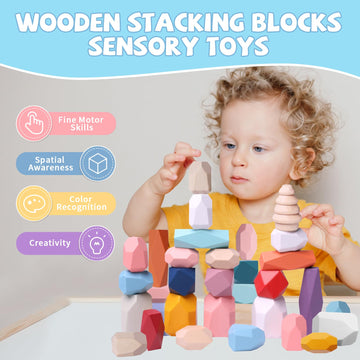 48 Pcs Wooden Stacking Rocks Building Blocks, Sensory Toddler Learning Montessori Toys For 3 Year Old, Preschool Classroom Must