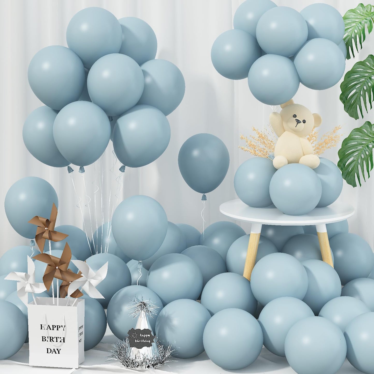 Jobkoo Blue Balloons 5 Inch, 60Pcs Small Pale Muted Blue Aqua Balloon 5'' Mini Matte Dusty Retro Powder Light Blue Helium Latex