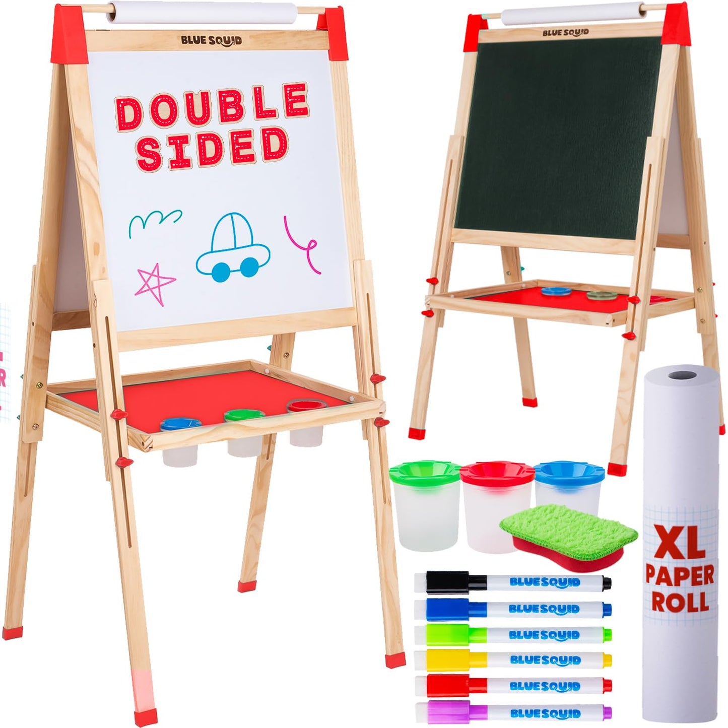 Blue Squid Art Easel For Kids - Dual-Sided Adjustable Wooden Painting Easels, Ideal Christmas Gift For Toddlers And Kid - With Magnetic Chalk Board, White Board & Paper Roll, Includes Accessories