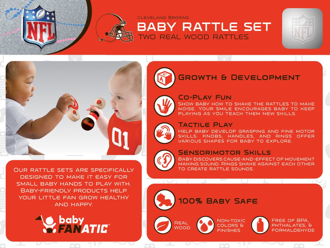Babyfanatic Wood Rattle 2 Pack - Nfl Cleveland Browns - Officially Licensed Baby Toy Set