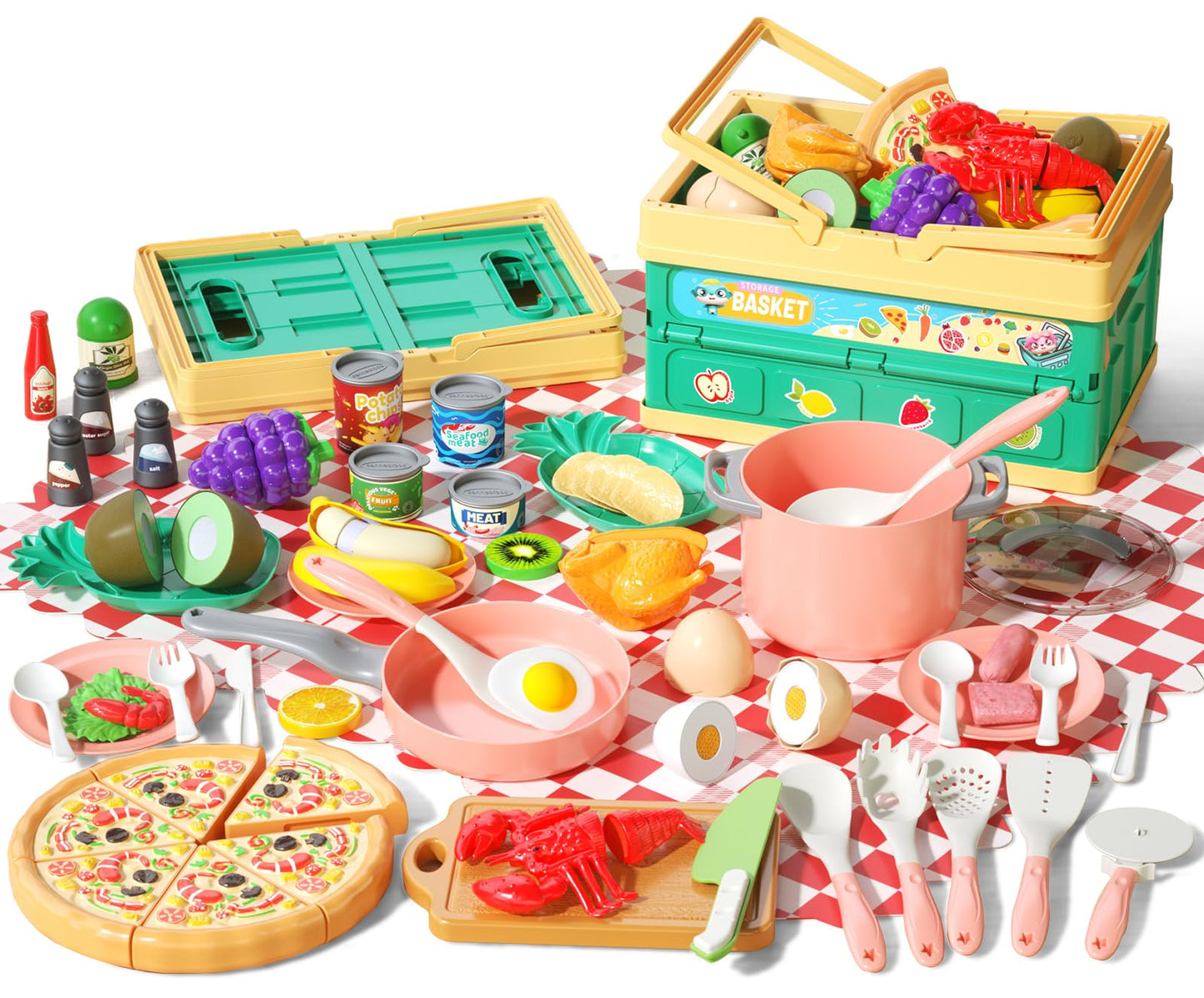 Funpynani 80Pcs Kitchen Playset, Toddler Pretend Cooking with Pots, Pans, Cookware, Food, Picnic Blanket, Fruits, Veges, Shoppin