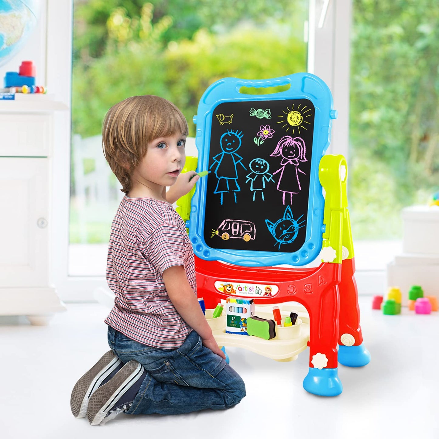 Amagoing Easel For Kids, Adjustable Standing Art Easel For Toddler, Double Magnetic Drawing Board With Painting Accessories, Gif