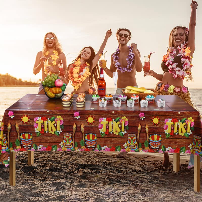 Frienda Tiki Tablecloth Tiki Decorations Luau Table Cover Hawaiian Party Plastic Table Cloth Disposable Tiki Totem Decor For Hawaii Beach Tropical Decoration Supplies Aloha (Retro Style, 3 Pieces)