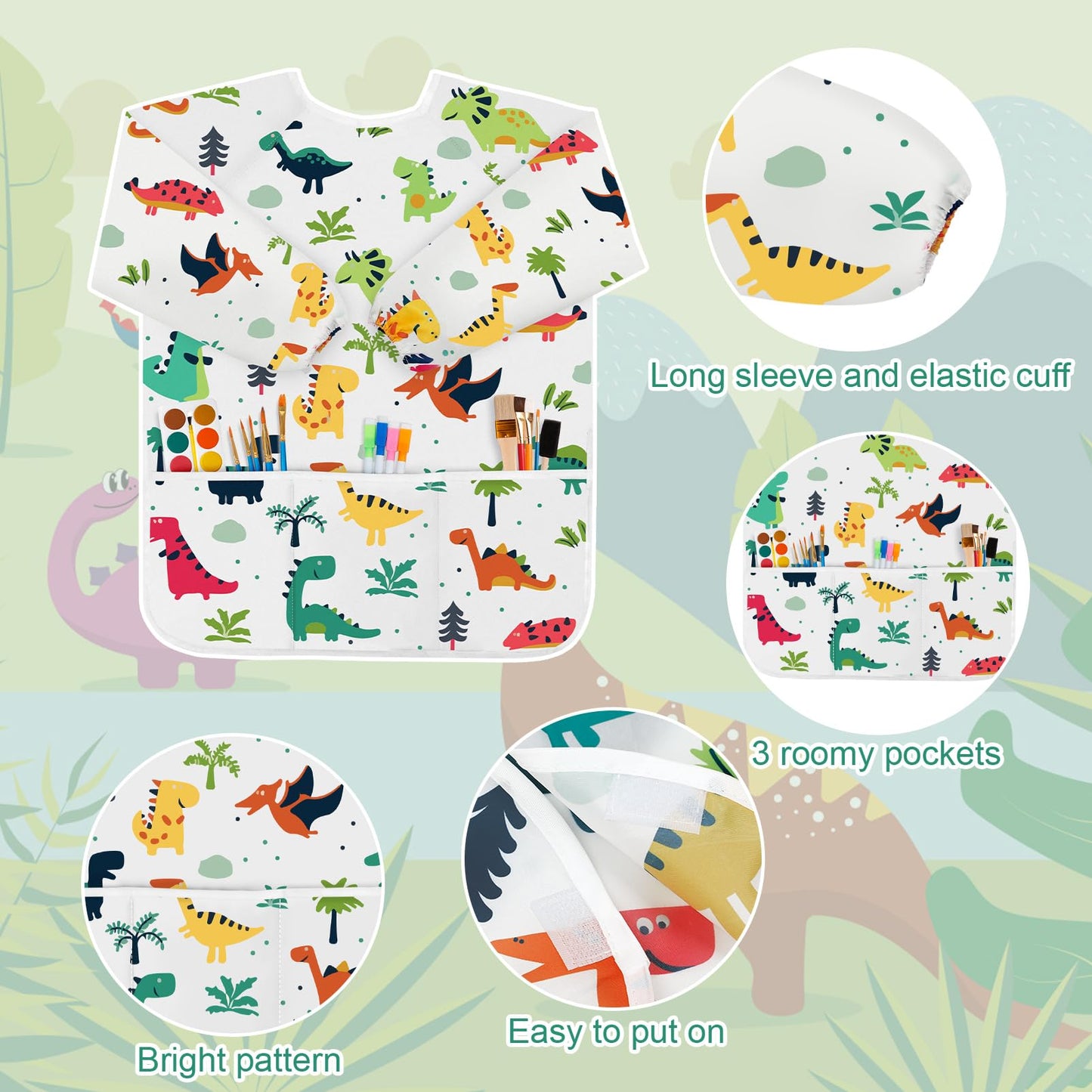 Bassion Smocks For Kids, Toddler Art Smock Artist Painting Aprons Waterproof Long Sleeve With 3 Pockets For Age 2-6 Years