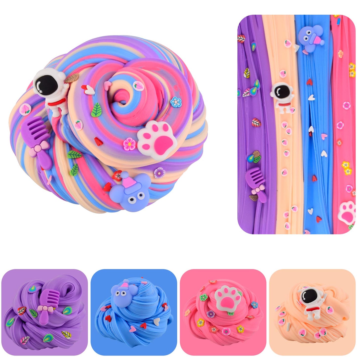 2 Pack Four Color Slime Toy - Candy Bag Packaging Butter Slime With Eight Cute Charms Included,Super Soft & Non-Sticky,Education