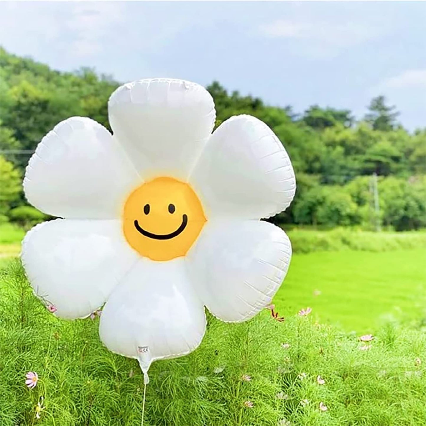 White Happy Birthday Balloons Banner, 3D Mylar Foil Letter Birthday Balloons With 2Pcs Daisy Balloons, Birthday Party Decoration
