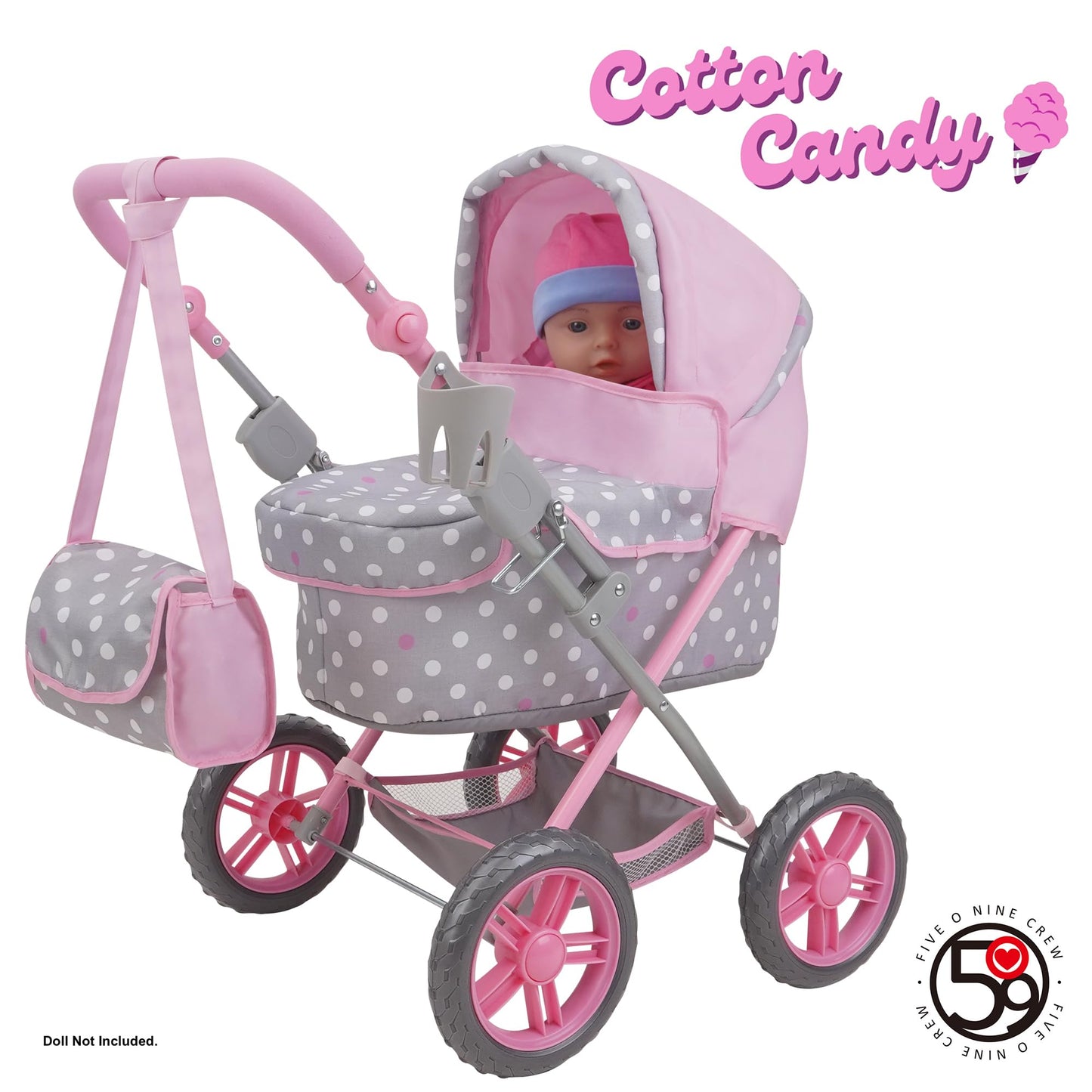 509 Crew: Cotton Candy Pink: Amanda Doll Pram - Pink, Grey, Polka Dot - W/Matching Handbag, Foldable, Removable Bassinet, Kids P