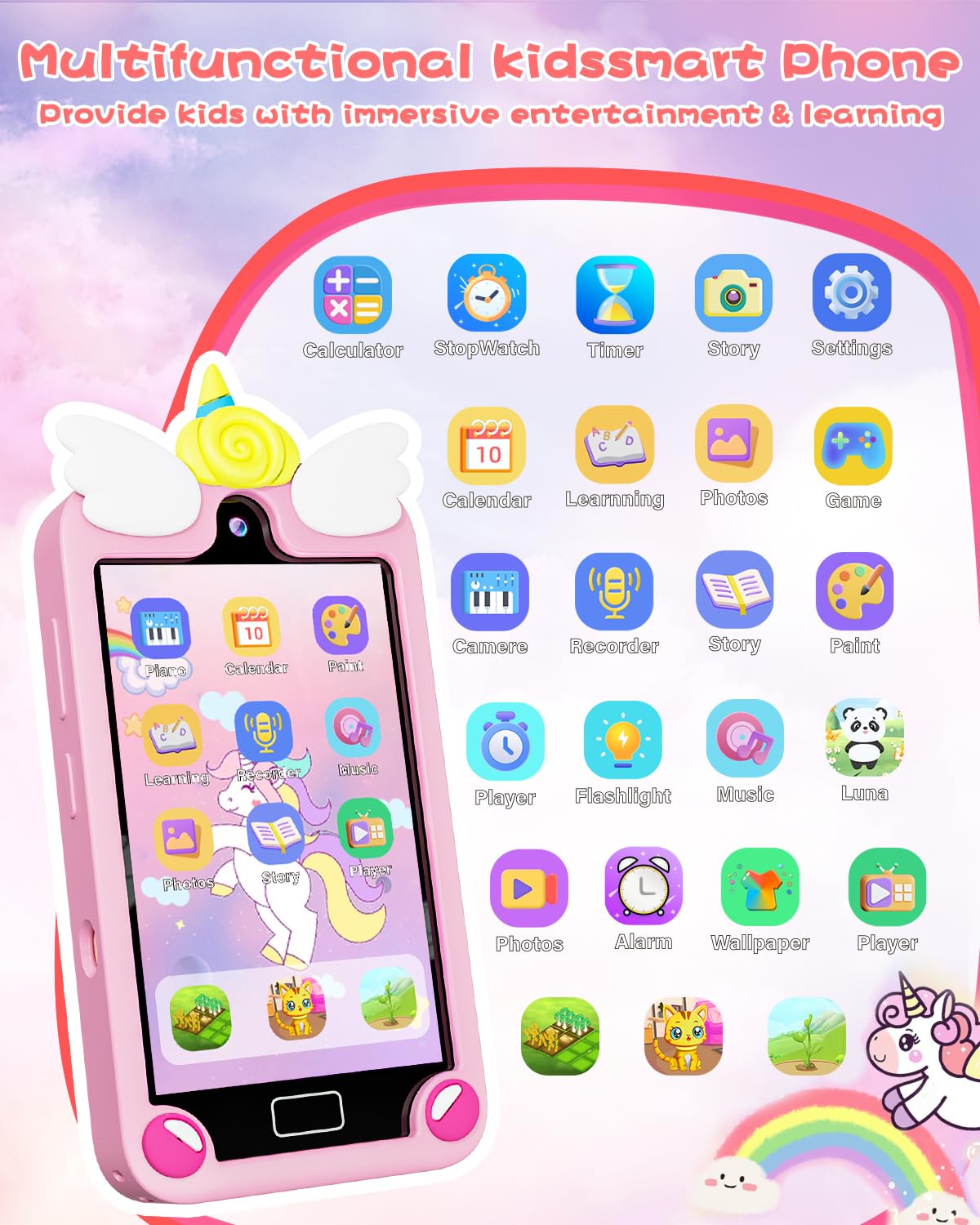 Kids Smart Phone for Girls with 4.0'' Large Touchscreen, 32G Card Christmas Birthday Gifts for Age 3-10 Kid Toys Cell Phone with