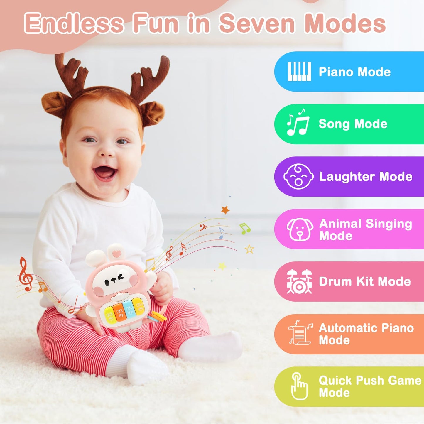 Baby Musical Toys 6-12 Months, Rabbit Piano For Baby Musical Toys For Toddlers 1-3, Busy Board With Music & Light, Birthday Toy