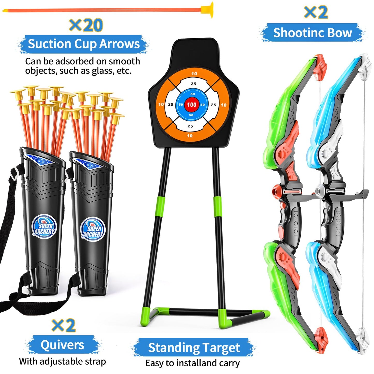 Temi 2 Pack Archery Set - Includes 2 Bows, 20 Suction Cup Arrows & 2 Quivers & Standing Target, Outdoor Light Up Toys For Kids B
