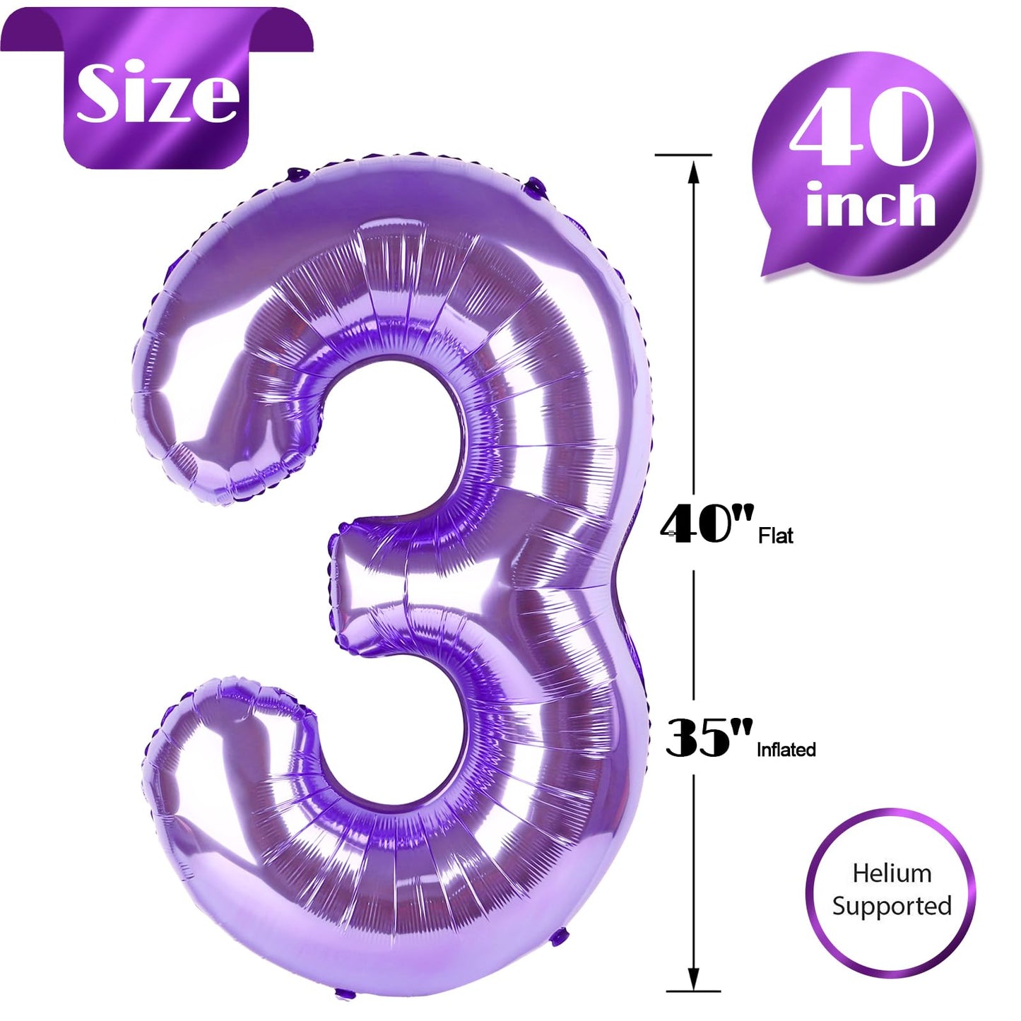 Purple 3 Balloon, Number Balloon 40 Inch, 3Rd Three Year Old Birthday Deco, Purple Party Supplies For Party Decorations, Number