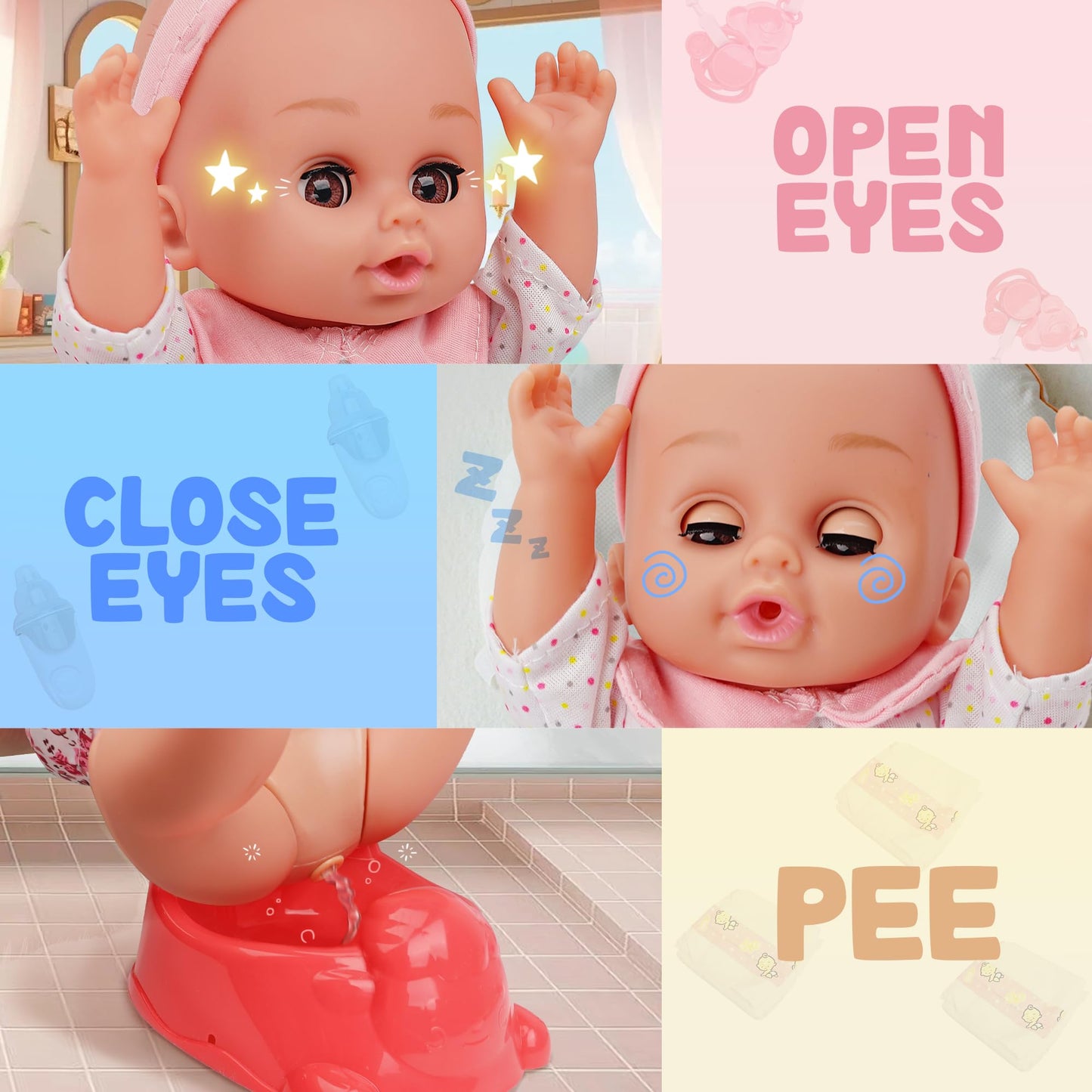 14'' Baby Doll, Dolls Play Set With Open/Close Eyes | 15 Piece Gift Set With Bottle, High Chair, Pacifier & Accessories | First
