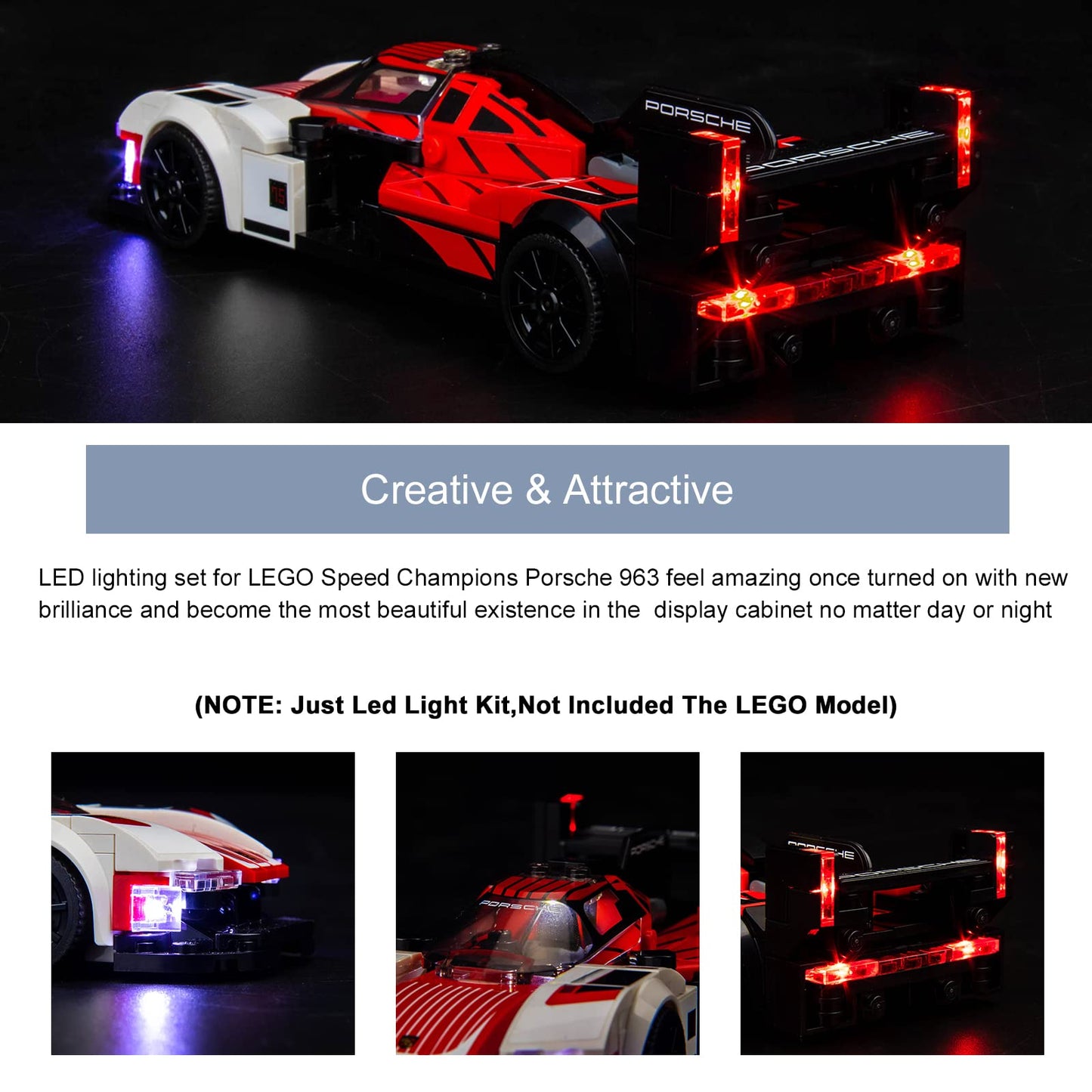 Brickbling Led Lighting Compatible With Lego Speed Champions Porsche 963 76916 Model Car; New 2023 Light Kit Compatible With Lego Porsche 963; Light Up Your Race Car-No Model