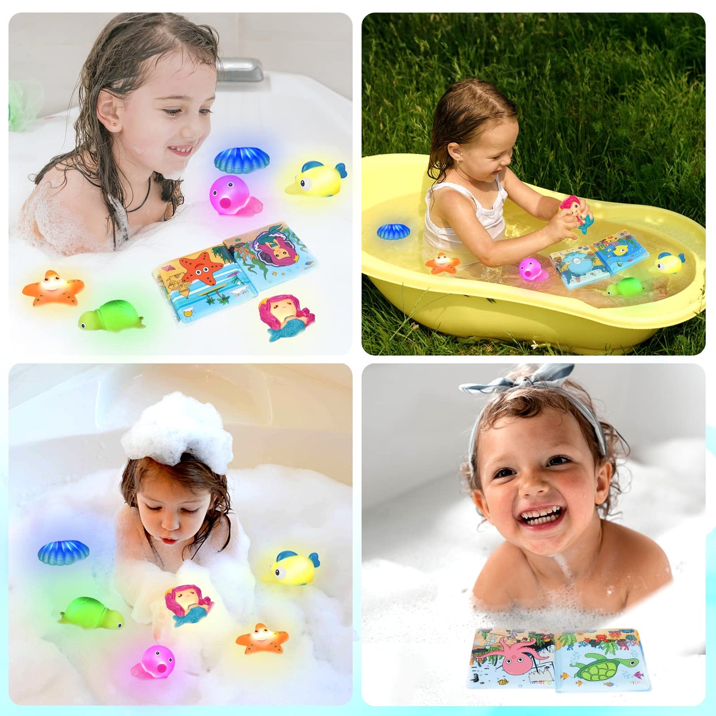 Light Up Bath Toys For Toddlers Kids Girls Baby, No Hole Glow Bath Toys With Bath Book & Organizer, Led Light Bath Time Water Toys For Bath Tubs Bathrooms Pool, Gift For Toddlers Girls Infants