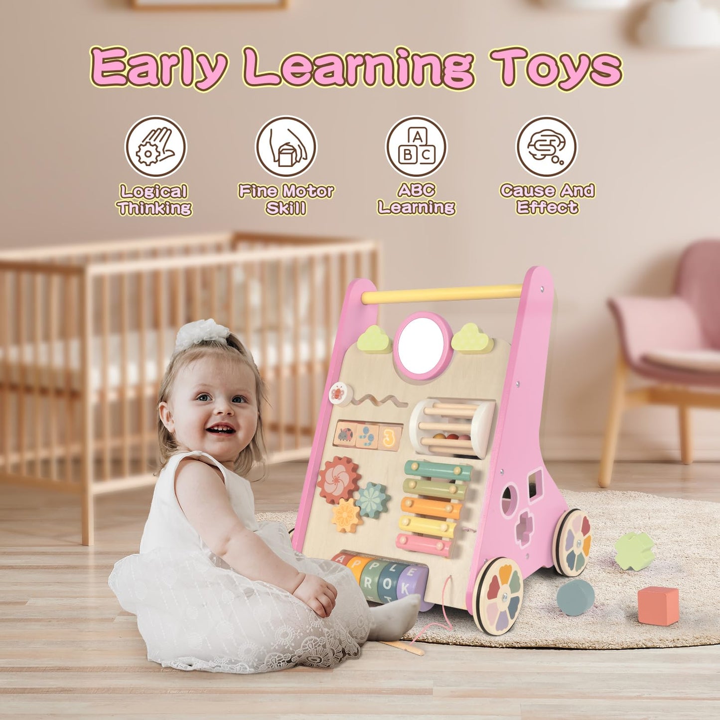 Lol-Fun Wooden Baby Walker For Girls With Wheels, Baby Push Walker For Baby Girl 12 Months, Pink Baby Walker Push Toy For 1 Year