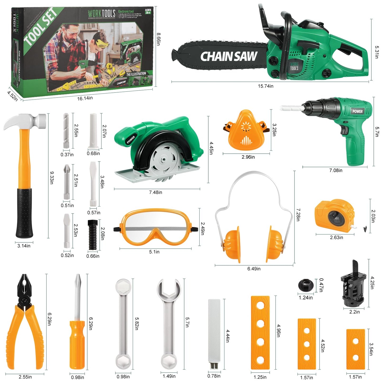 Vextronic Kids Tool Set - 36 PCS Electric Toy Tools with Realistic Sounds, Green, Plastic - Perfect Gift for Toddlers 3-8 Years Old