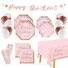 Rose Gold Birthday Party Supplies - Disposable Paper Plates, Napkins, Cups, Tablecloth & Banner For Girl/Women Celebration, Serv