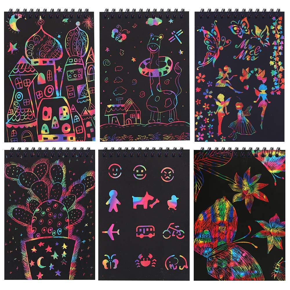 Pokonboy 16 Pack Scratch Arts And Crafts Notebooks, Scratch Note Pads For Kids Rainbow Party Favors Coloring Books For Kids Art Party Supplies Stocking Stuffers(16 Wooden Stylus & 4 Drawing Stencils)