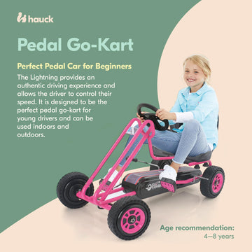Hauck Kids Pedal Go Kart, 4 Wheel Bike Cart, Ages 4-8, Lightning Ride, Pink