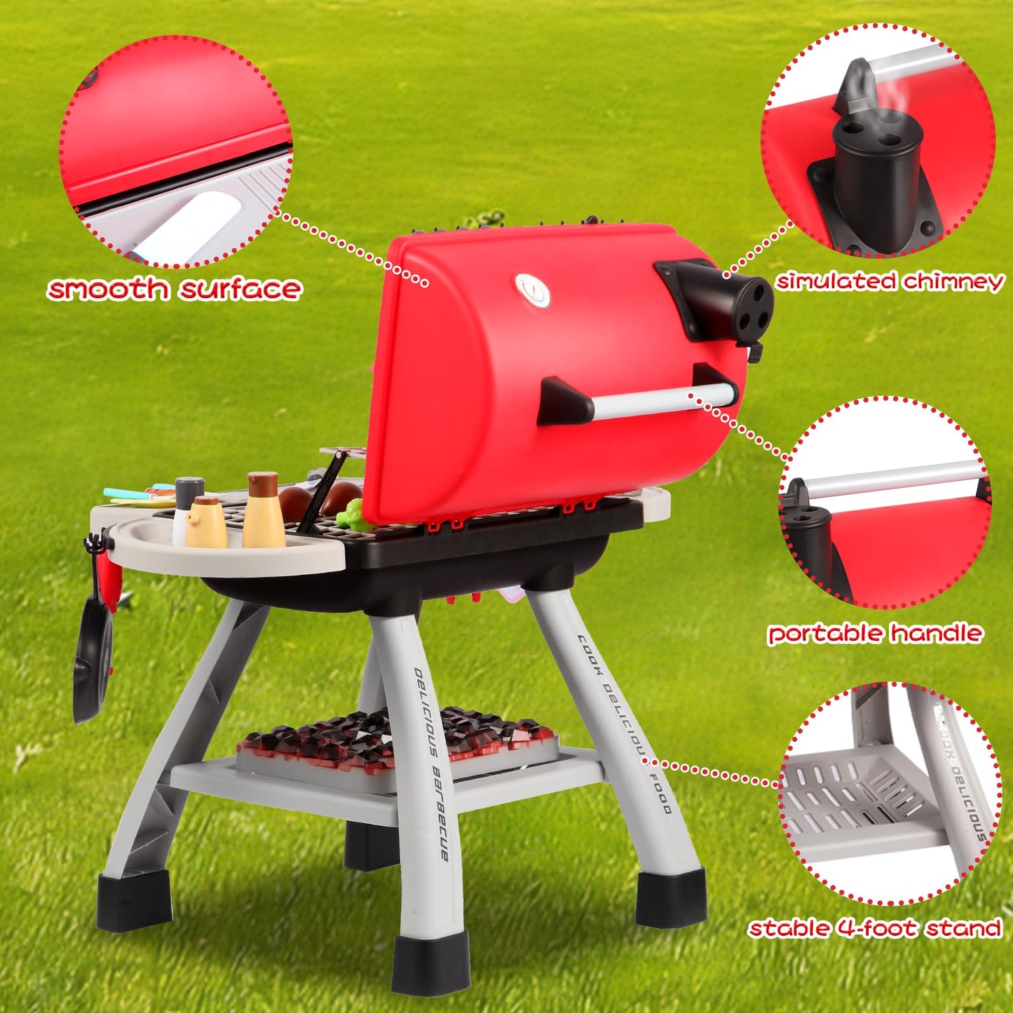 Kids Bbq Grill Playset With Simulated Smoke & Sound & Light, Play Kitchen Set W/ 41Pcs Toy Food, Indoor & Outdoor Interactive Ki