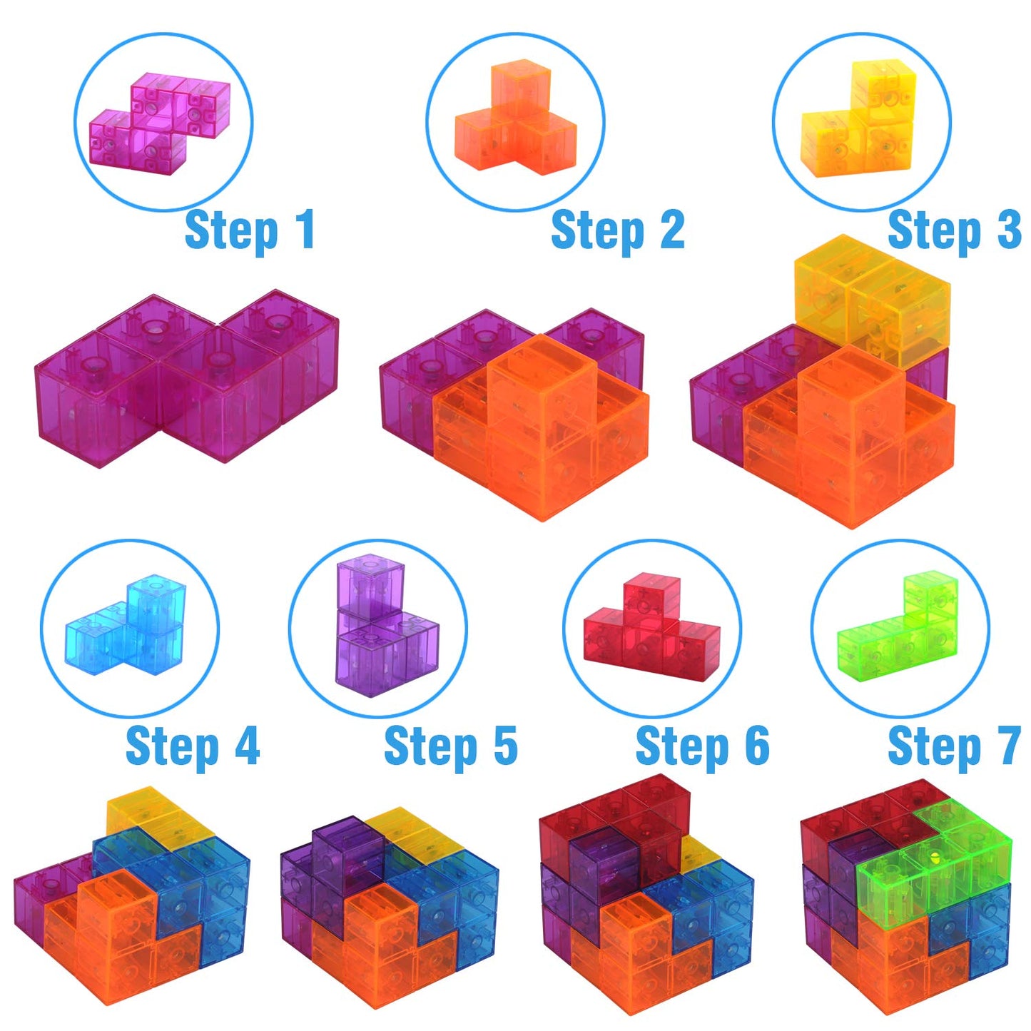 WorWoder Kids Magnetic Building Blocks Magic Magnetic 3D Puzzle Cubes, Set of 7 Multi Shapes Magnetic Blocks with 54 Guide Cards