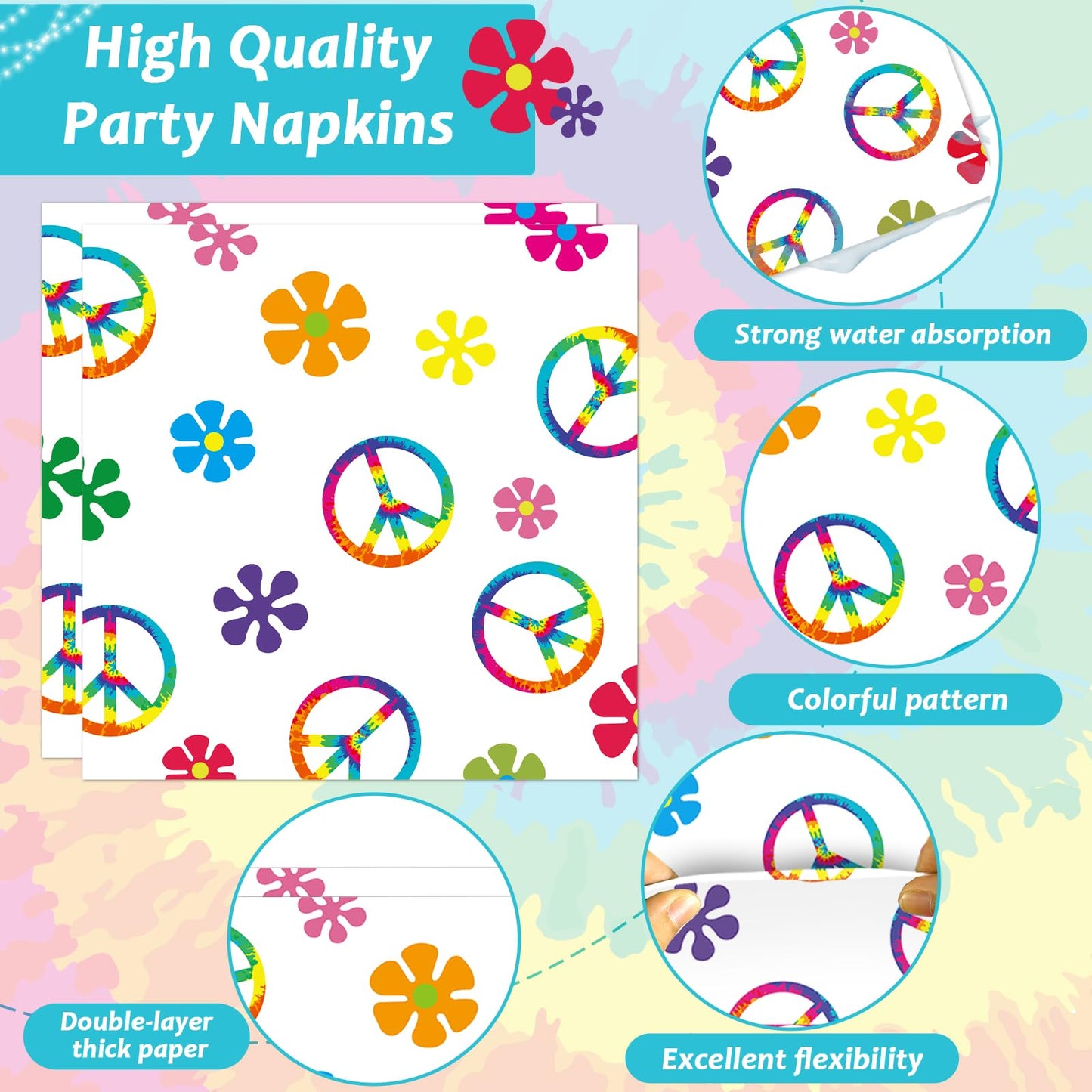96 Pcs 60'S Hippie Party Supplies For 24 Guests Groovy Tie Dye Birthday Tableware Set Plates Napkins Retro Peace Sign Flower Party Decorations For Girls Carnival Baby Shower Party Favors