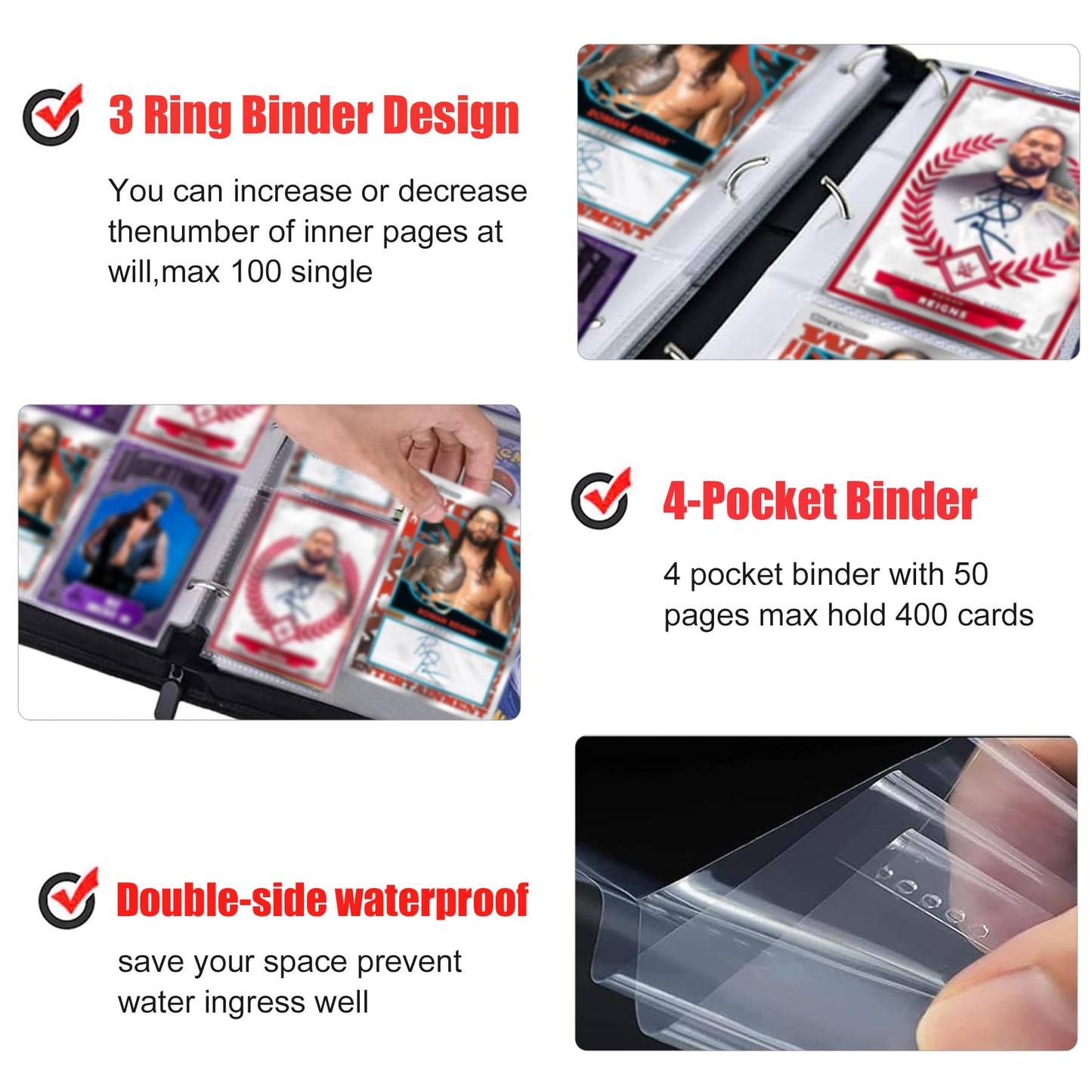 400 Pockets Card Binder for Trading Cards Portable Waterproof Storage Bag with Removable Sleeves for Sports Cards Collectors
