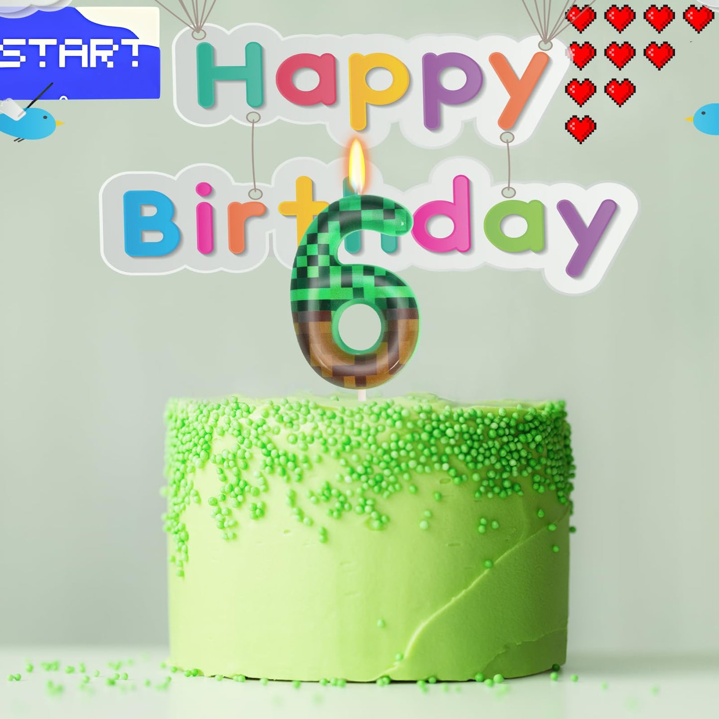 6th Pixel Miner Birthday Candles, Pixels Cake Topper for Boys Girls, TNT Themed Birthday Decorations Party Supplies (Number 6)
