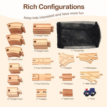 Wooden Train Track Set 53pcs Wood Train Tracks Accessories Expansion Pack fits Melissa and Doug, fits Brio, fits Thomas, Montess