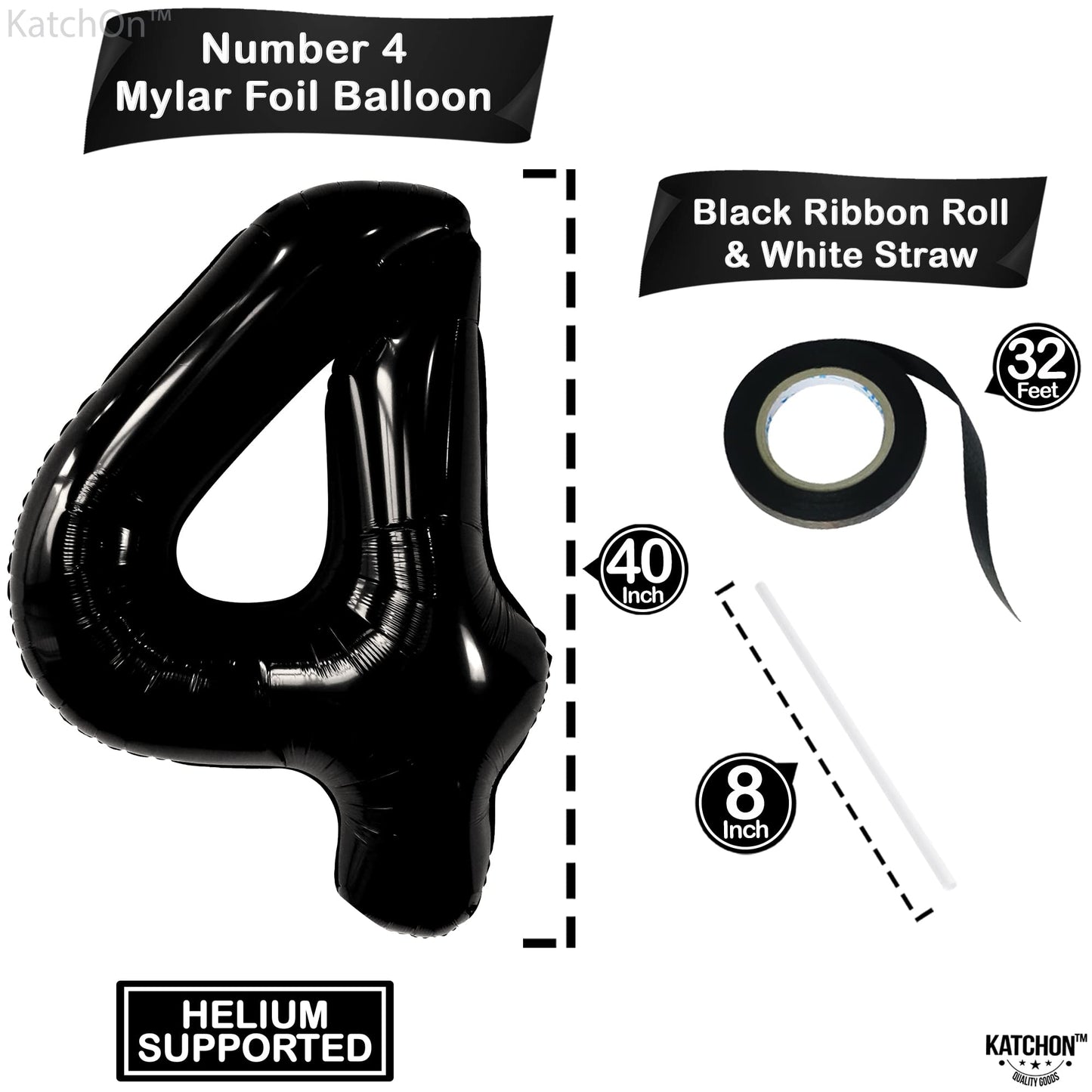 Katchon, Black Number 4 Balloons - Giant, 40 Inch | Black 4 Balloon Number, 4Th Birthday Decorations Boy | 4 Year Old Balloon, 4Th Birthday Decorations For Boys | Halloween Birthday Party Decorations