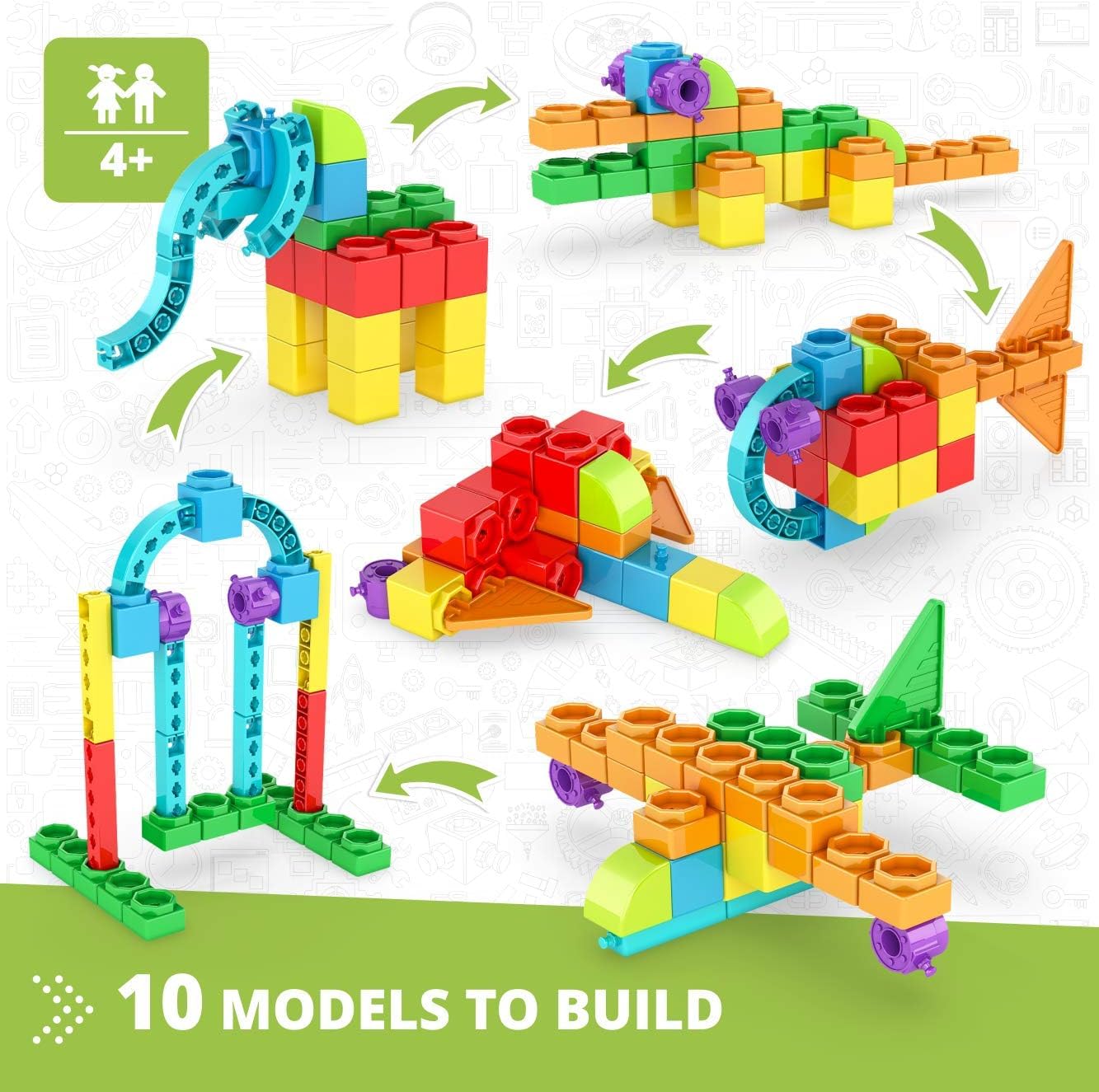 Engino STEAM Maker Junior 10 Model Set, Stackable Building Blocks, STEM Building Toys, Educational Toys for Kids 4+, Gift for Bo