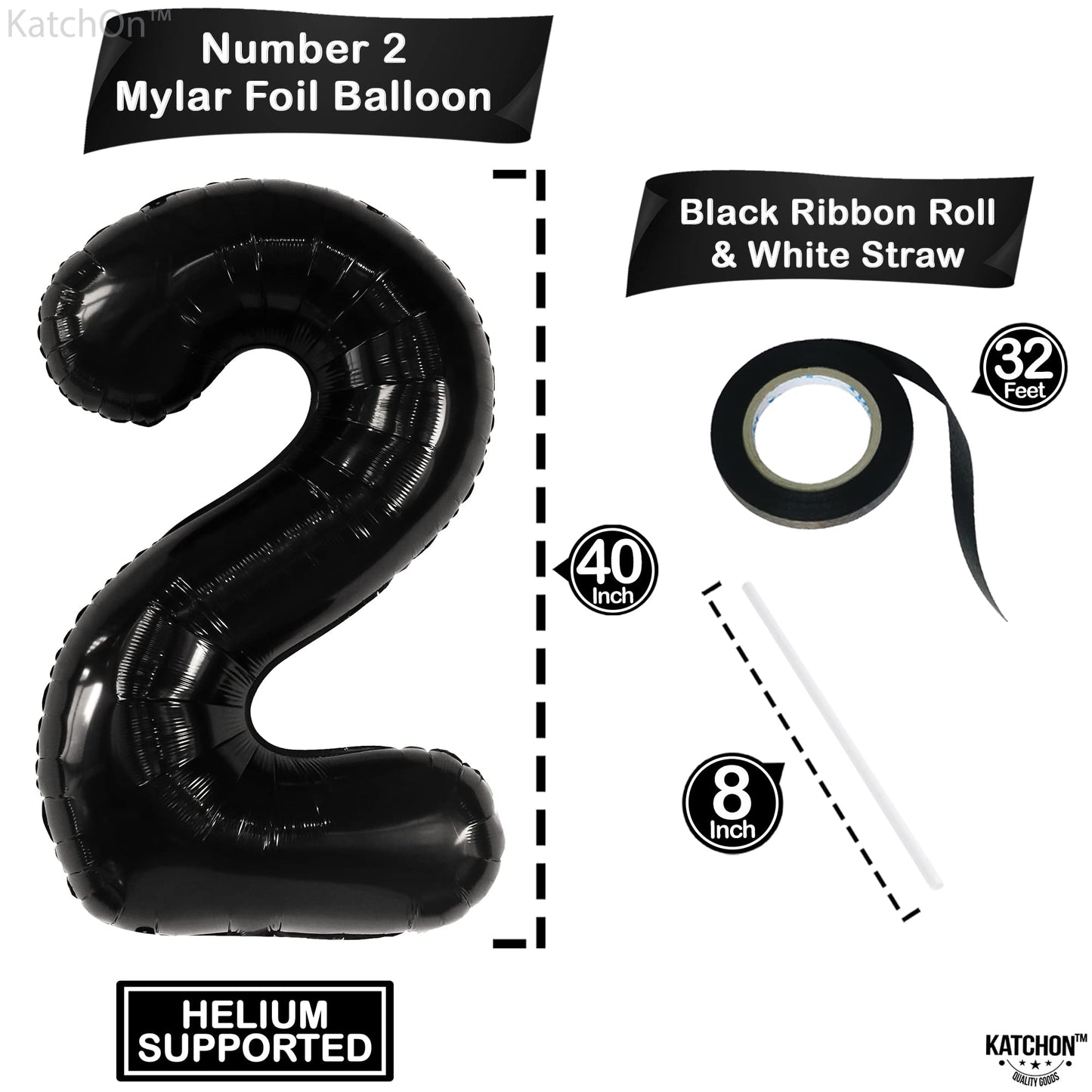 Katchon, Giant Black Number 2 Balloon - 40 Inch | Black 2 Balloon Number, Two Cool Birthday Party Decorations Boy | Black Two Balloon, 2Nd Birthday Balloon Black For 2Nd Birthday Decorations For Boys
