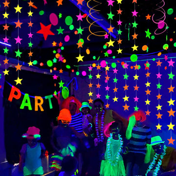 108feet Star UV Neon Garland Hanging Paper Glow in The Dark Glow Party Supplies and Decorations Glow in The Dark Blacklight Reac