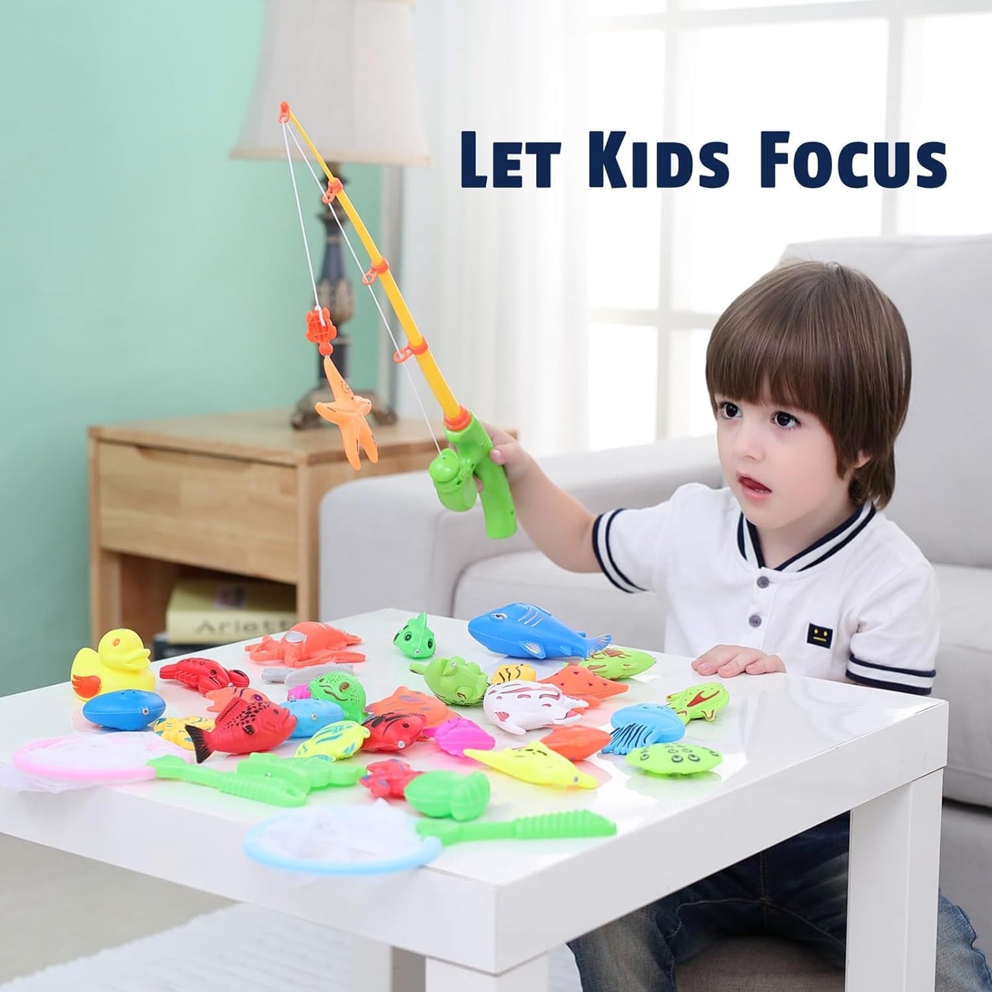 Cozybomb Magnetic Fishing Toys Game Set For Kids | Water Table Bathtub Kiddie Pool Party & Pole Rod Net, Plastic Floating Fish T